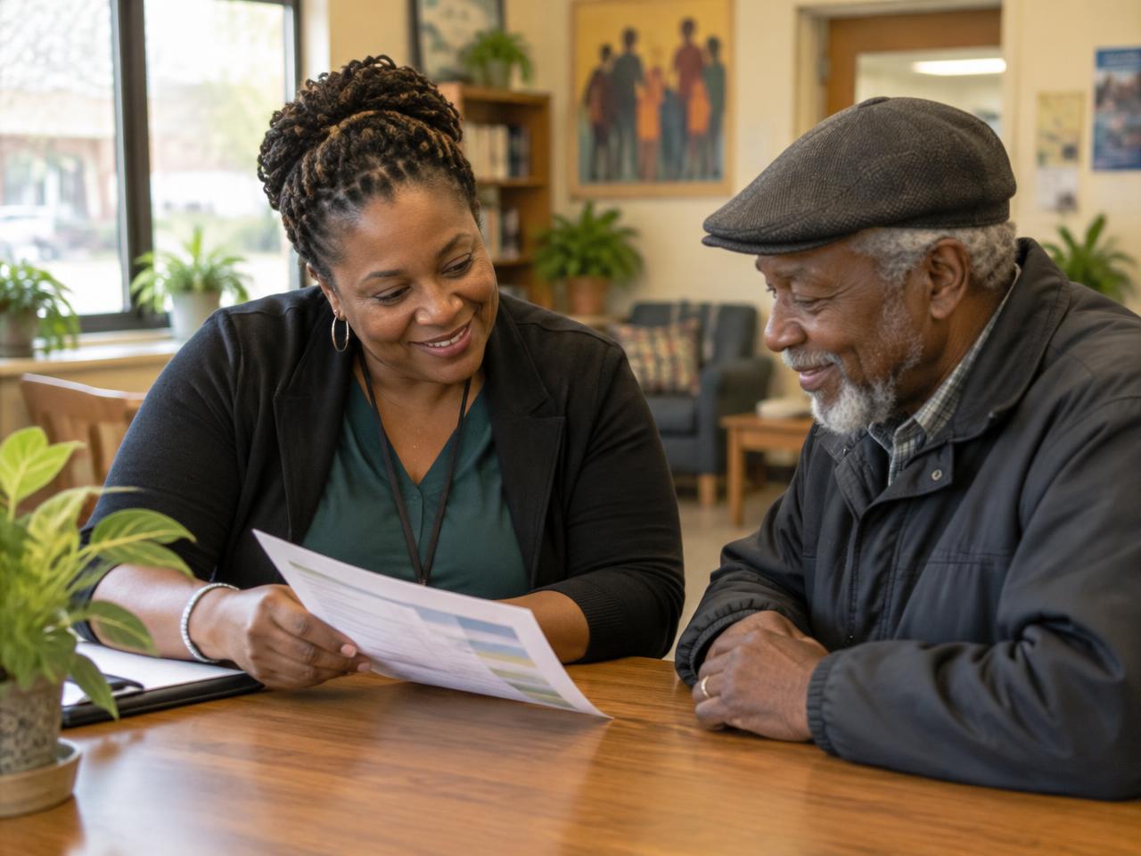 A community navigator reviewing resources with an older neighbor