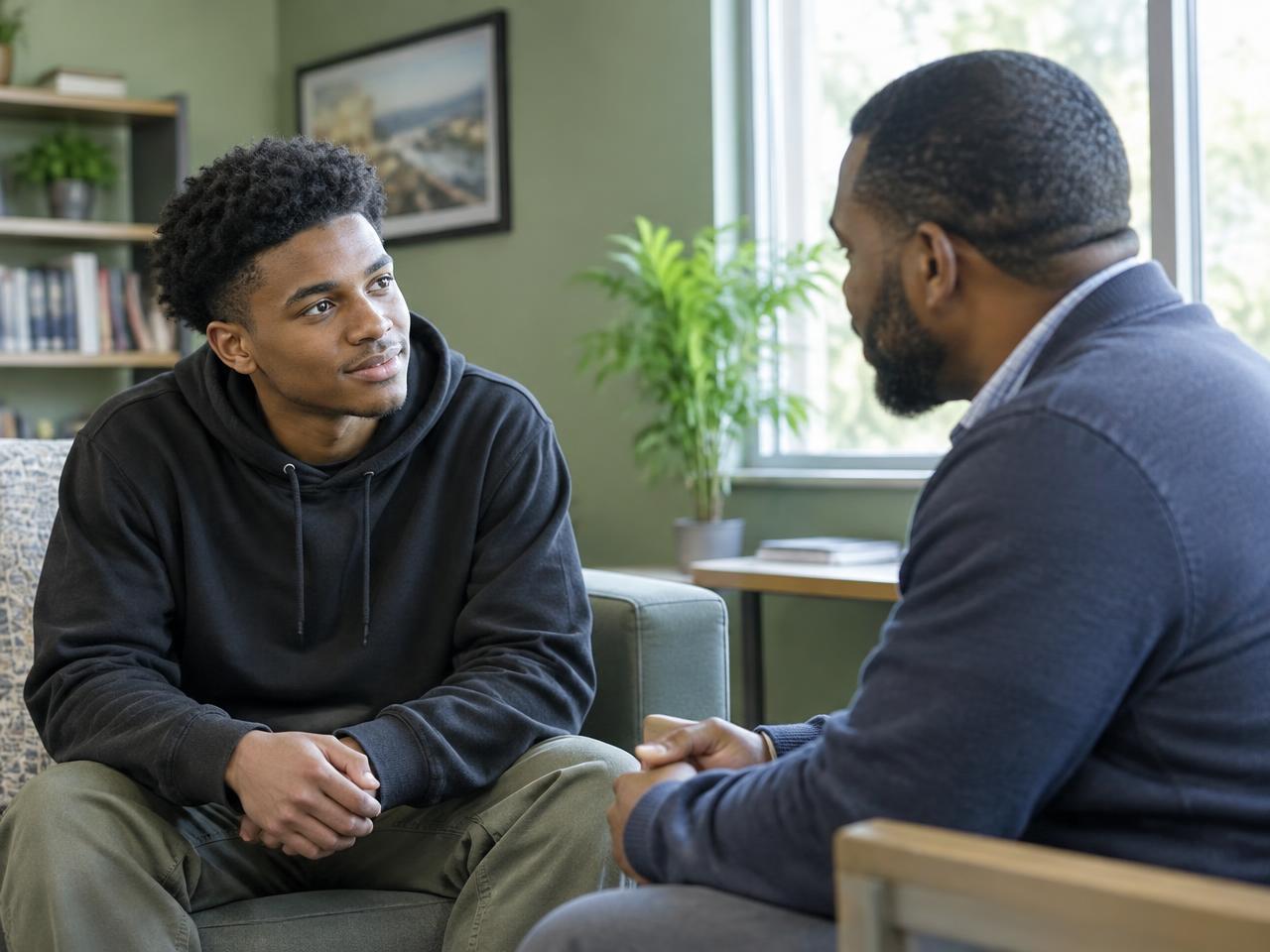 A young man in a supportive conversation with a mentor