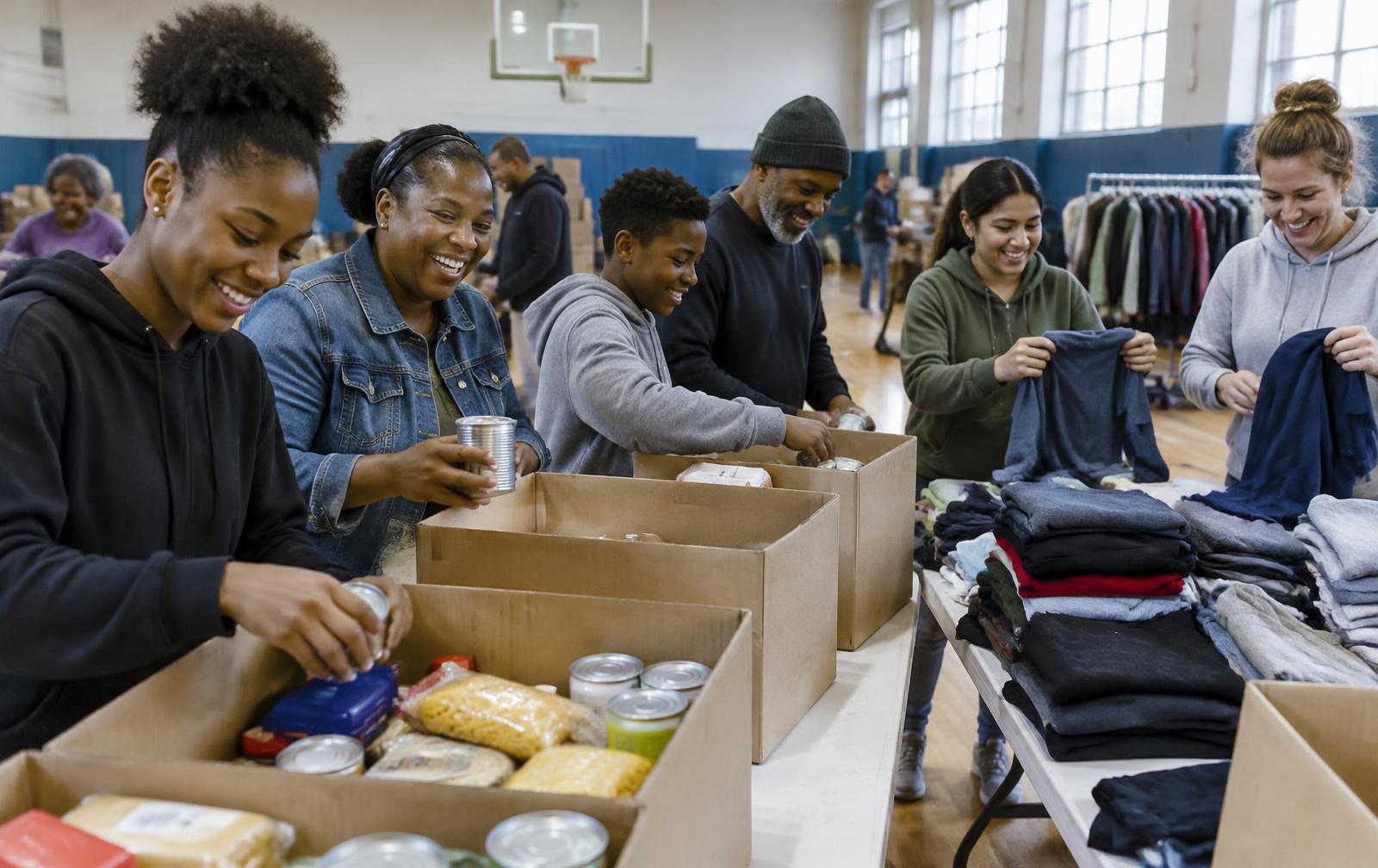 Community volunteers packing food boxes and folding donated clothing